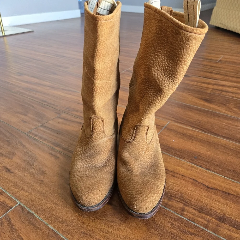 Pebbled Tan Brown Leather Roughout Suede Pull-On Western Grunge Cowboy Men Boots